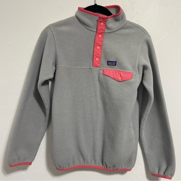 Patagonia Synchilla Youth Girls Large 12 Pullover Jacket Sweatshirt Gray Pink - Picture 1 of 6